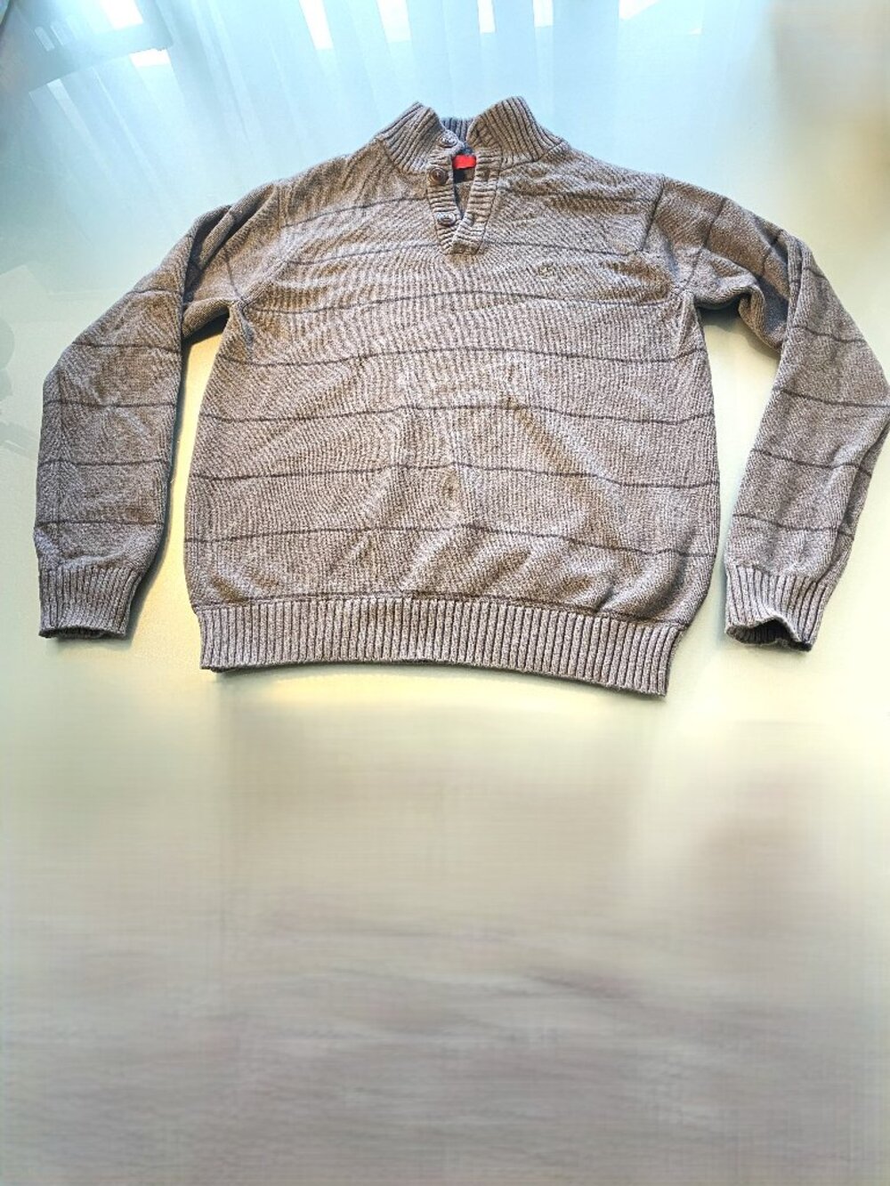IZOD Men's Dark Grey Striped Crew Necked V Neck Opening Pullover Sweater Size M